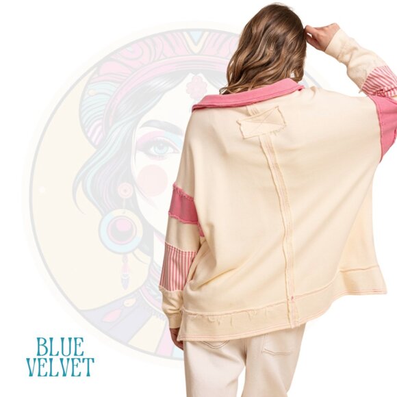 10V BLUE VELVET Washed Cotton Collar Stripe Pullover Pink Cream - Picture 2 of 2